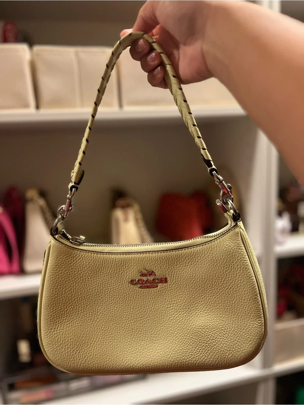 Coach Pebbled Leather Shoulder Bag in lime green